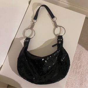 Black Sequin Shoulder Bag with Silver Detail